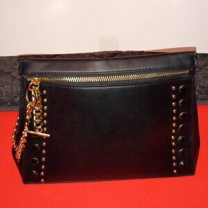 BLACK STUDDED CLUTCH SMALL PURSE WITH GOLD PLATED CHAIN HARDWARE